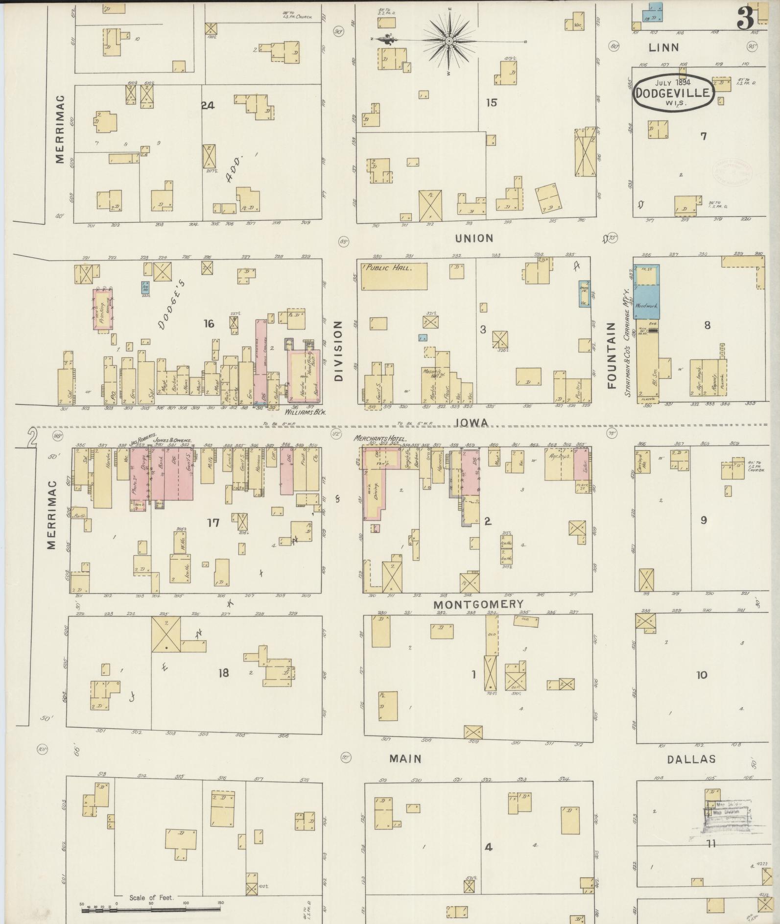 Sanborn Fire Insurance Map from Dodgeville, Iowa County, Wisconsin (1894), Sheet #0003 - Historic Sanborn Fire Insurance Map Print, vintage old map wall art, antique decor, genealogy gift, Wisconsin Wisconsin map