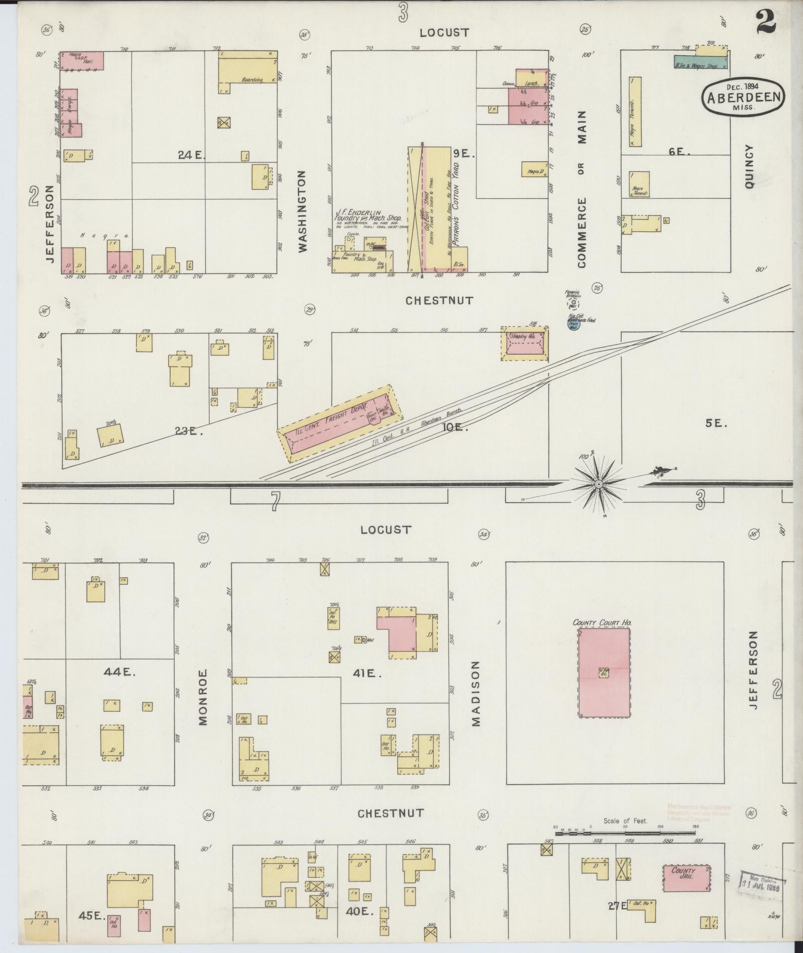 Sanborn Fire Insurance Map from Aberdeen, Monroe County, Mississippi (1894), Sheet #0002 - Historic Sanborn Fire Insurance Map Print, vintage old map wall art, antique decor, genealogy gift, Mississippi Mississippi map
