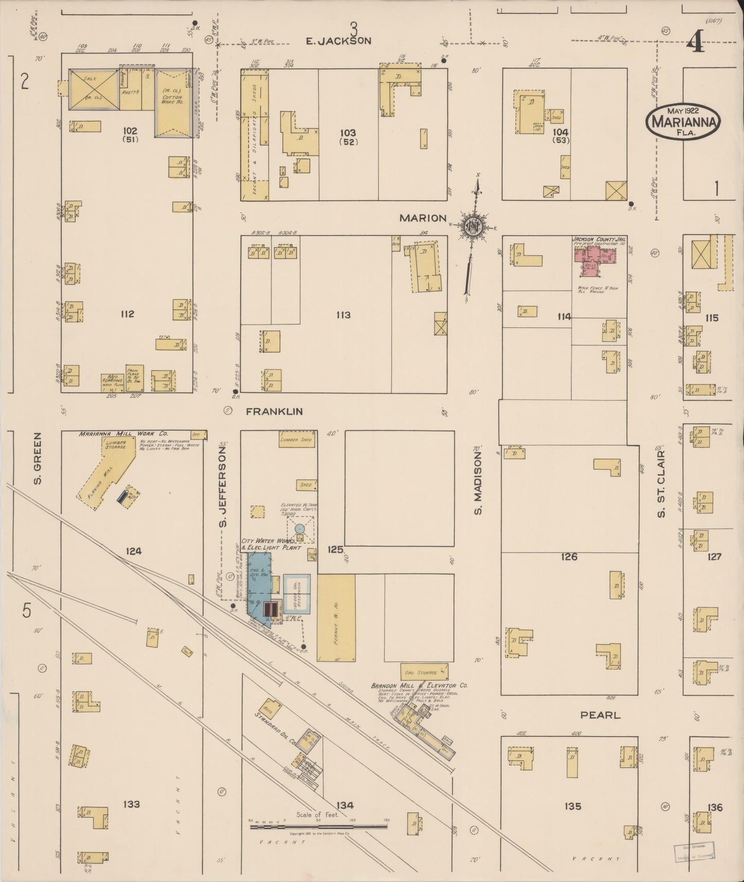 Sanborn Fire Insurance Map from Marianna, Jackson County, Florida (1922), Sheet #0004 - Historic Sanborn Fire Insurance Map Print, vintage old map wall art, antique decor, genealogy gift, Florida Florida map