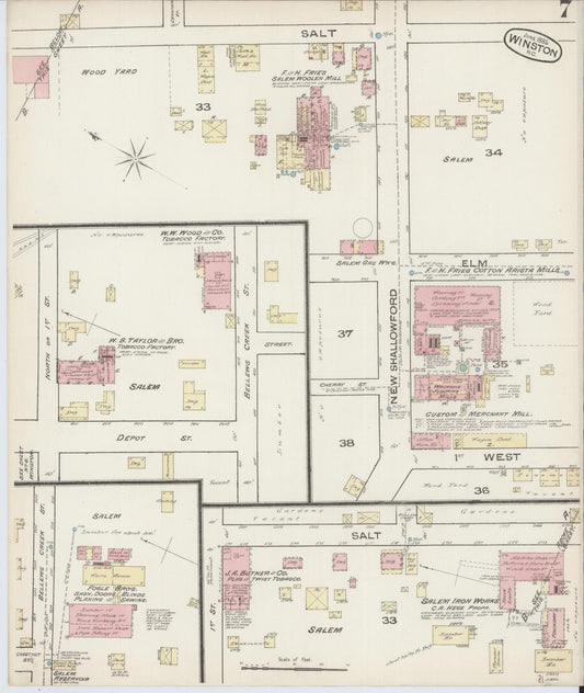 Sanborn Fire Insurance Map from Winston-Salem, Forsyth County, North Carolina (1885), Sheet #0007 - Historic Sanborn Fire Insurance Map Print, vintage old map wall art, antique decor, genealogy gift, North Carolina North Carolina map