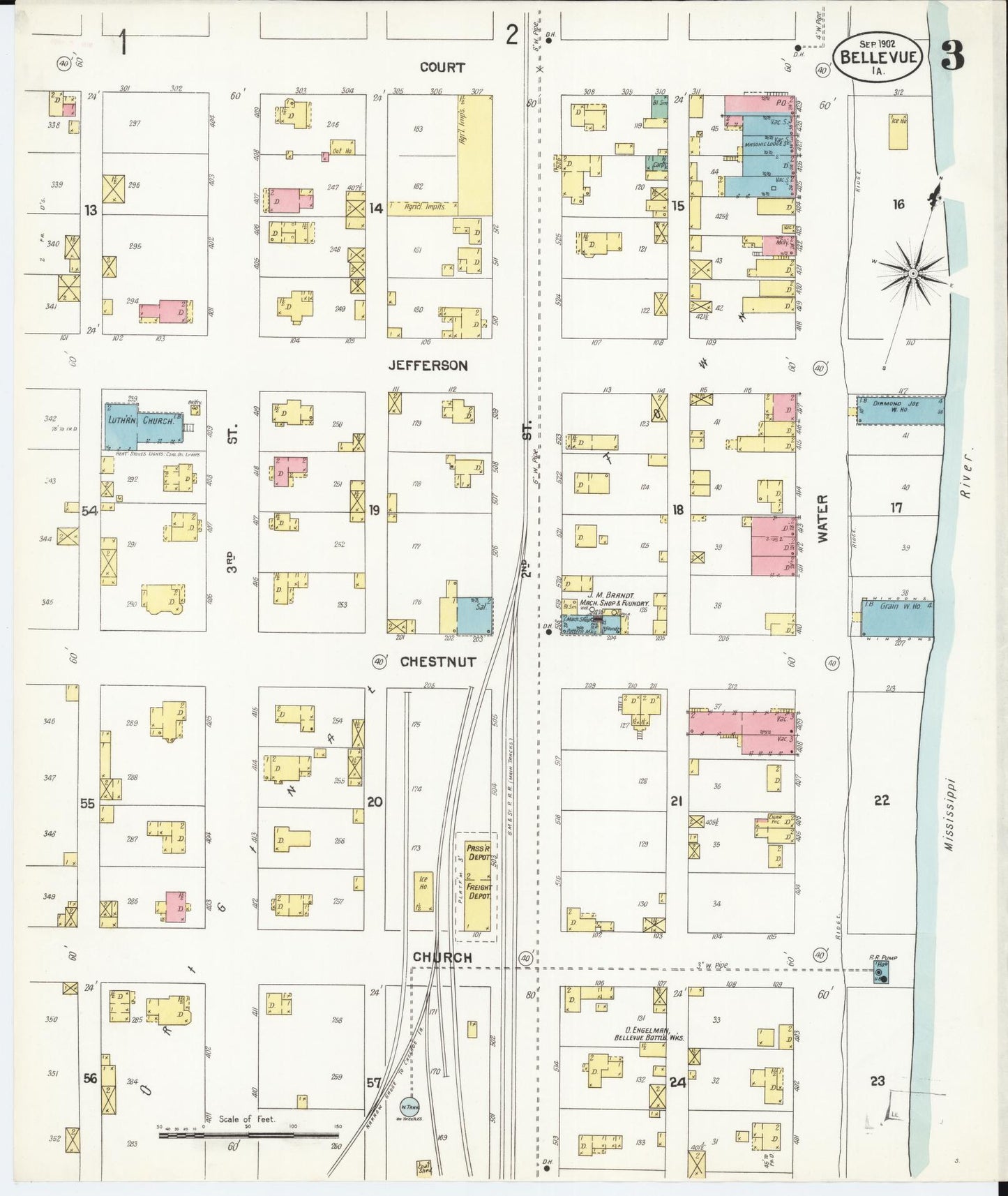 Sanborn Fire Insurance Map from Bellevue, Jackson County, Iowa (1902), Sheet #0003 - Historic Sanborn Fire Insurance Map Print, vintage old map wall art