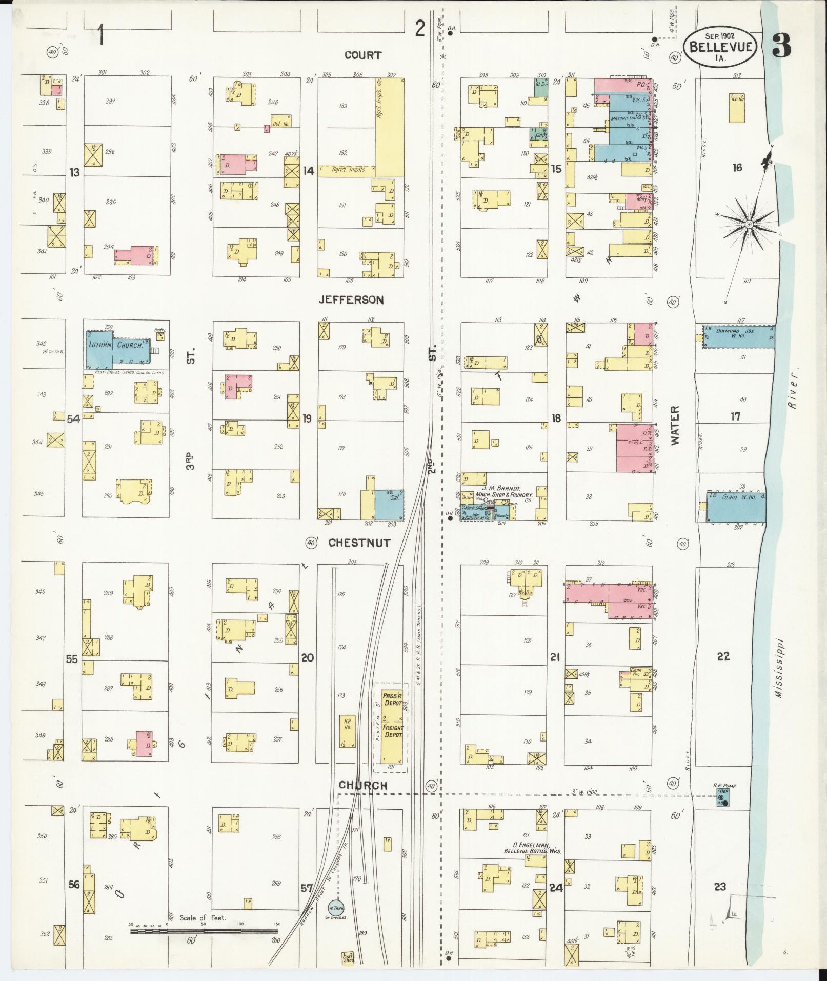 Sanborn Fire Insurance Map from Bellevue, Jackson County, Iowa (1902), Sheet #0003 - Historic Sanborn Fire Insurance Map Print, vintage old map wall art