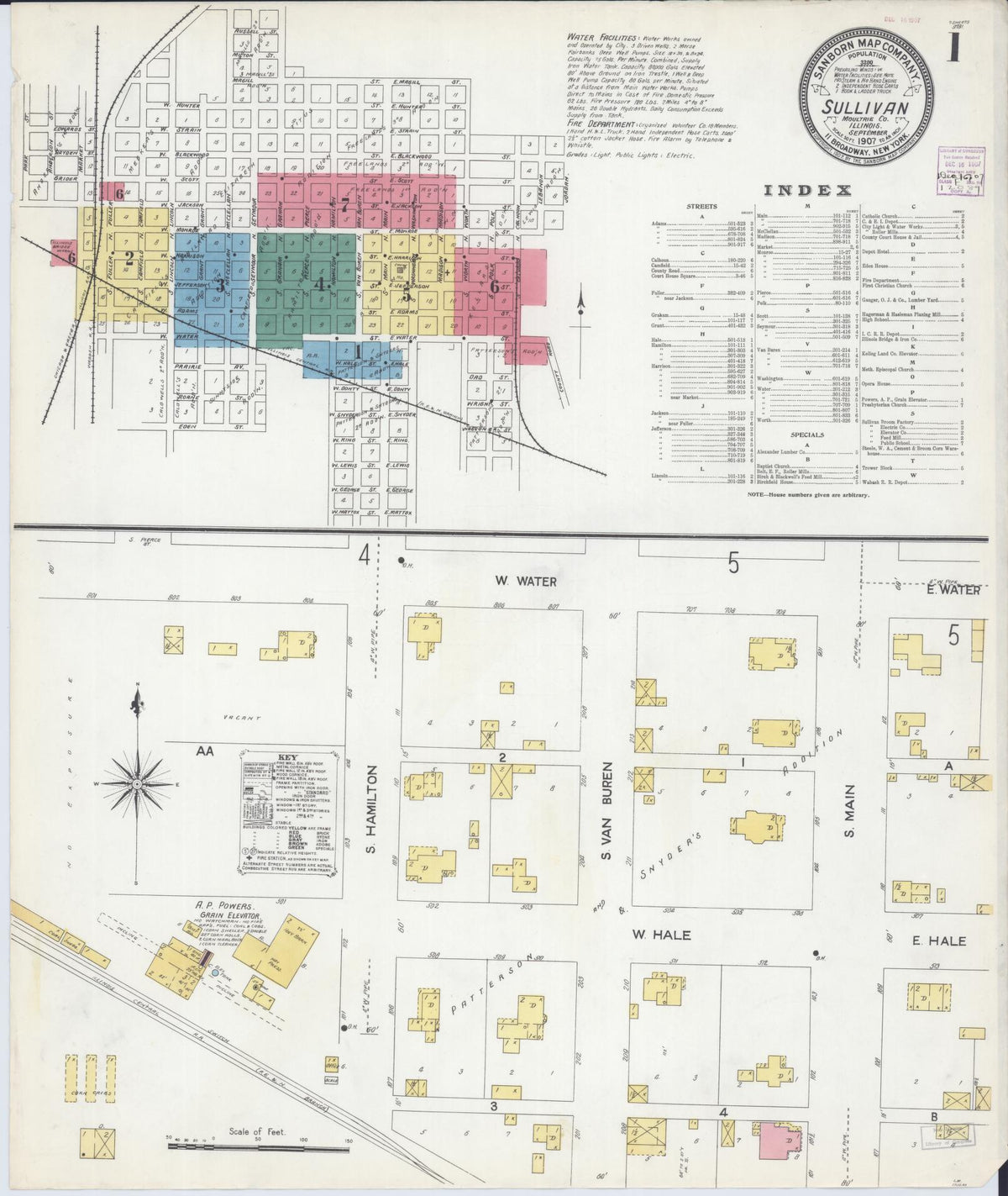 Sanborn Fire Insurance Map from Sullivan, Moultrie County, Illinois (1907), Sheet #0001 - Complete Map Set gallery image, historic Sanborn map, vintage wall art, Illinois Illinois