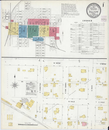 Sanborn Fire Insurance Map from Sullivan, Moultrie County, Illinois (1907), Sheet #0001 - Complete Map Set gallery image, historic Sanborn map, vintage wall art, Illinois Illinois