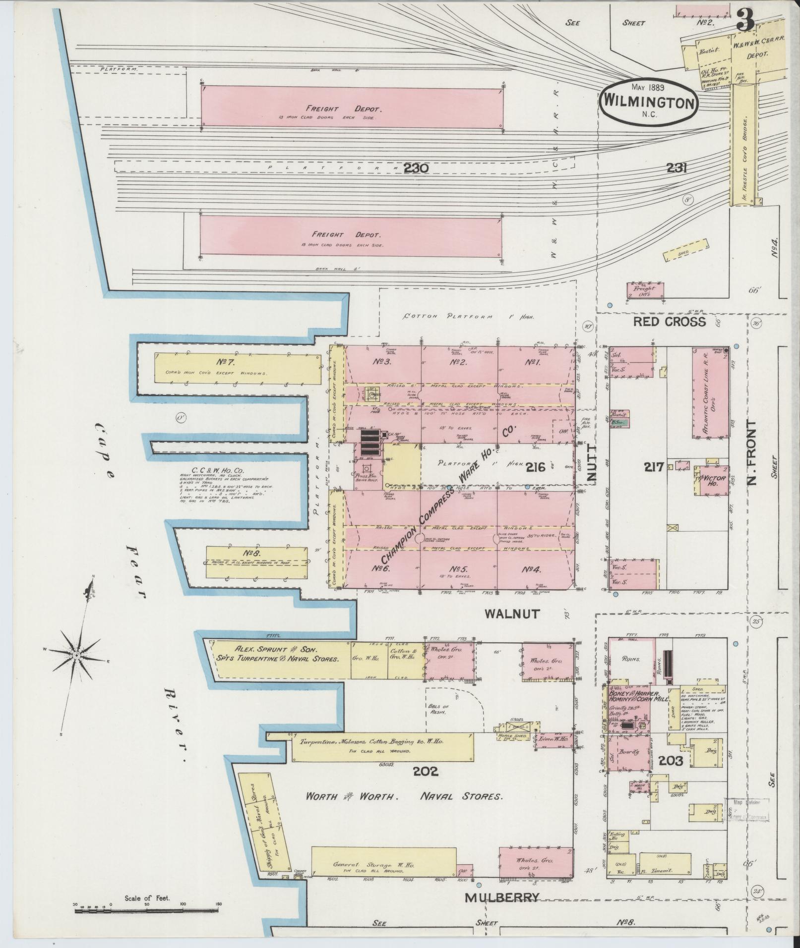 Sanborn Fire Insurance Map from Wilmington, New Hanover County, North Carolina (1889), Sheet #0003 - Historic Sanborn Fire Insurance Map Print, vintage old map wall art, antique decor, genealogy gift, North Carolina North Carolina map