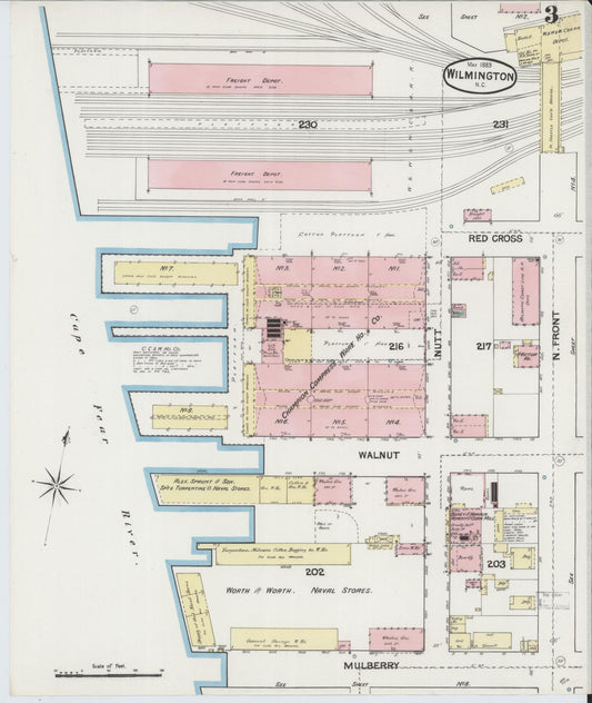 Sanborn Fire Insurance Map from Wilmington, New Hanover County, North Carolina (1889), Sheet #0003 - Historic Sanborn Fire Insurance Map Print, vintage old map wall art, antique decor, genealogy gift, North Carolina North Carolina map