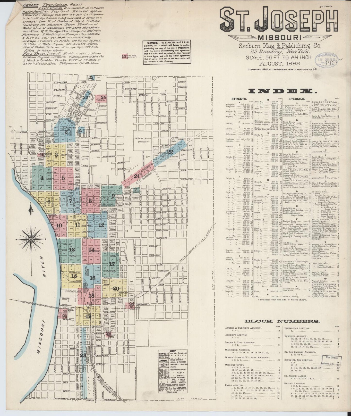Sanborn Fire Insurance Map from Saint Joseph, Buchanan County, Missouri (1883), Sheet #0001 - Historic Sanborn Fire Insurance Map Print, vintage old map wall art, antique decor, genealogy gift, Missouri Missouri map
