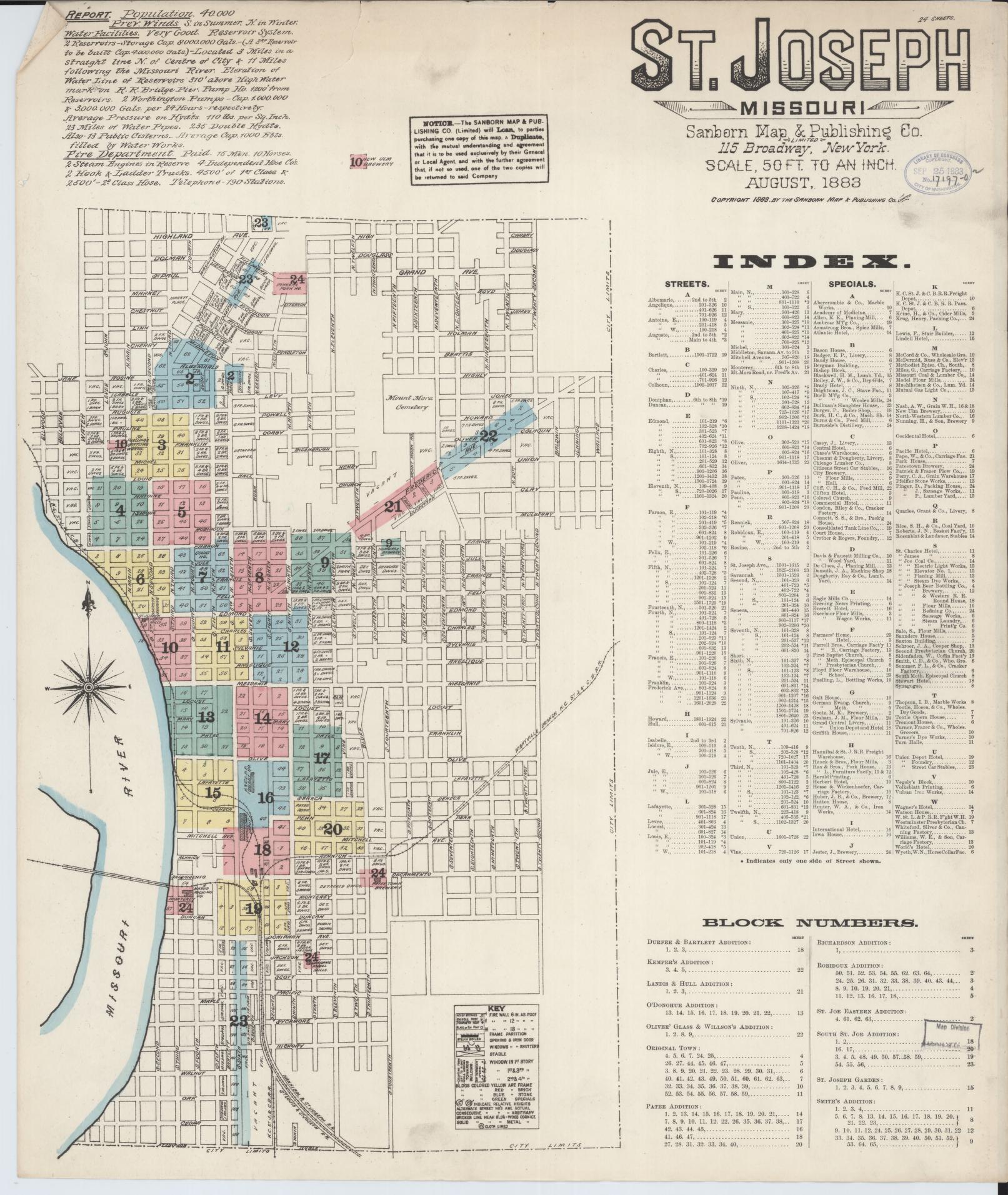 Sanborn Fire Insurance Map from Saint Joseph, Buchanan County, Missouri (1883), Sheet #0001 - Historic Sanborn Fire Insurance Map Print, vintage old map wall art, antique decor, genealogy gift, Missouri Missouri map