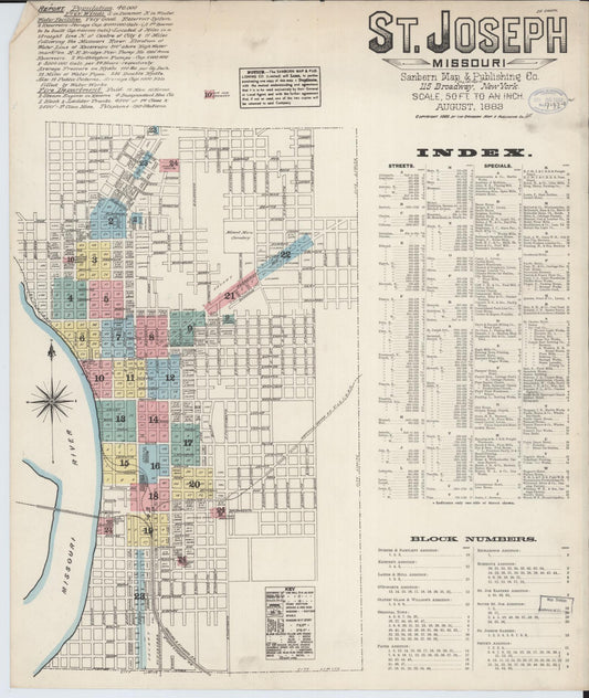 Sanborn Fire Insurance Map from Saint Joseph, Buchanan County, Missouri (1883), Sheet #0001 - Historic Sanborn Fire Insurance Map Print, vintage old map wall art, antique decor, genealogy gift, Missouri Missouri map