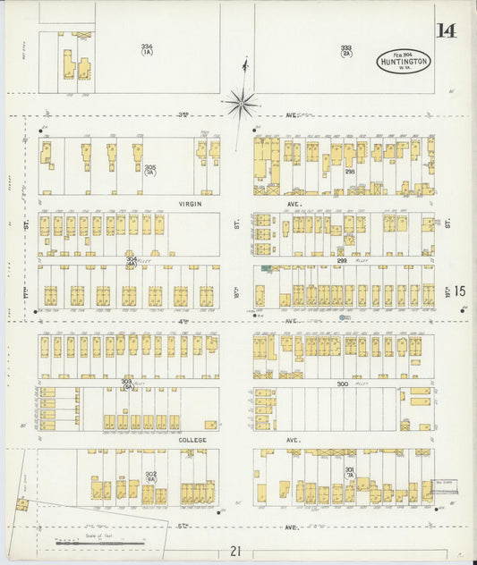Sanborn Fire Insurance Map from Huntington, Cabell County, West Virginia (1904), Sheet #0014 - Historic Sanborn Fire Insurance Map Print, vintage old map wall art, antique decor, genealogy gift, West Virginia West Virginia map