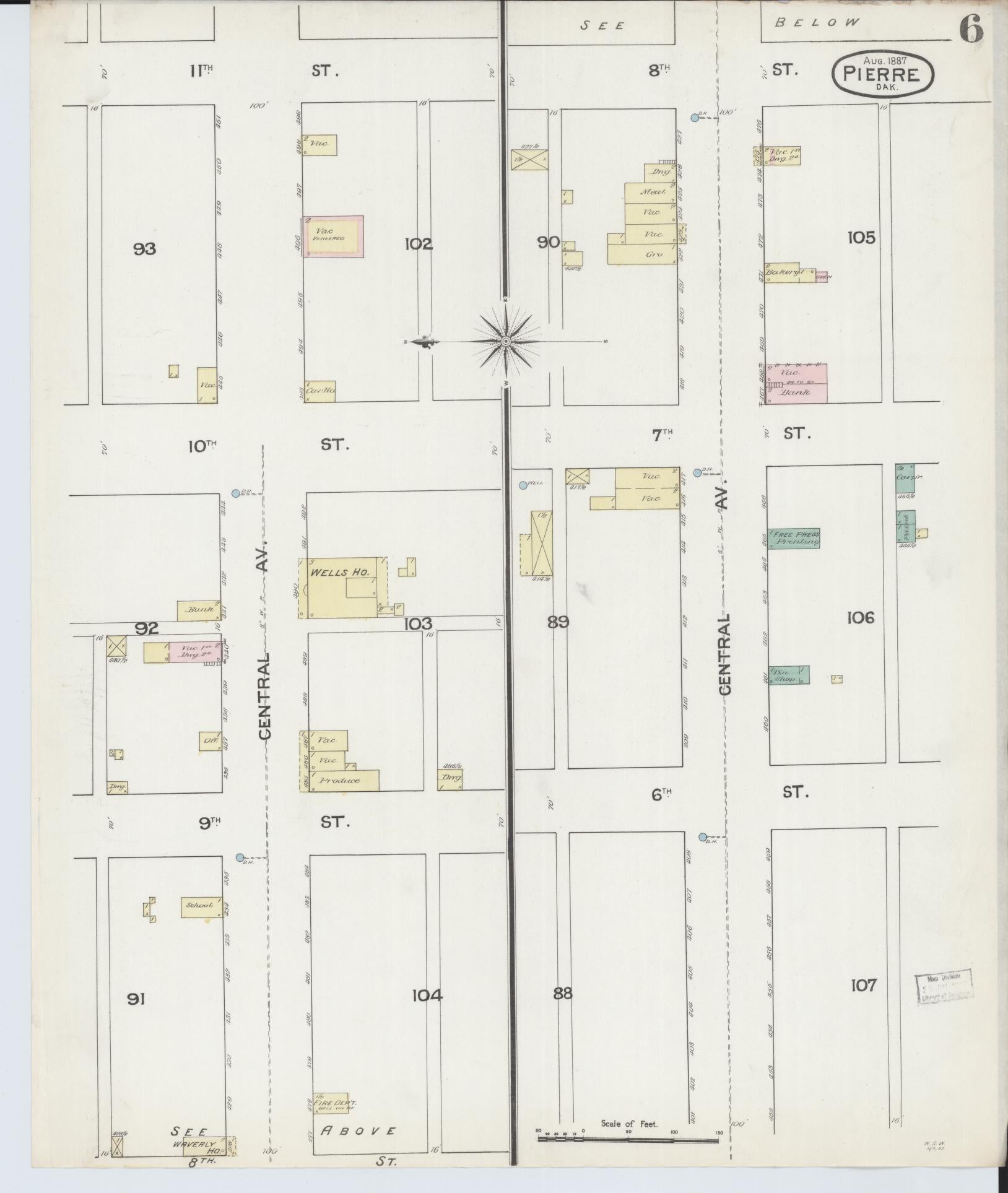 Sanborn Fire Insurance Map from Pierre, Hughes County, South Dakota (1887), Sheet #0006 - Complete Map Set gallery image, historic Sanborn map, vintage wall art, South Dakota South Dakota
