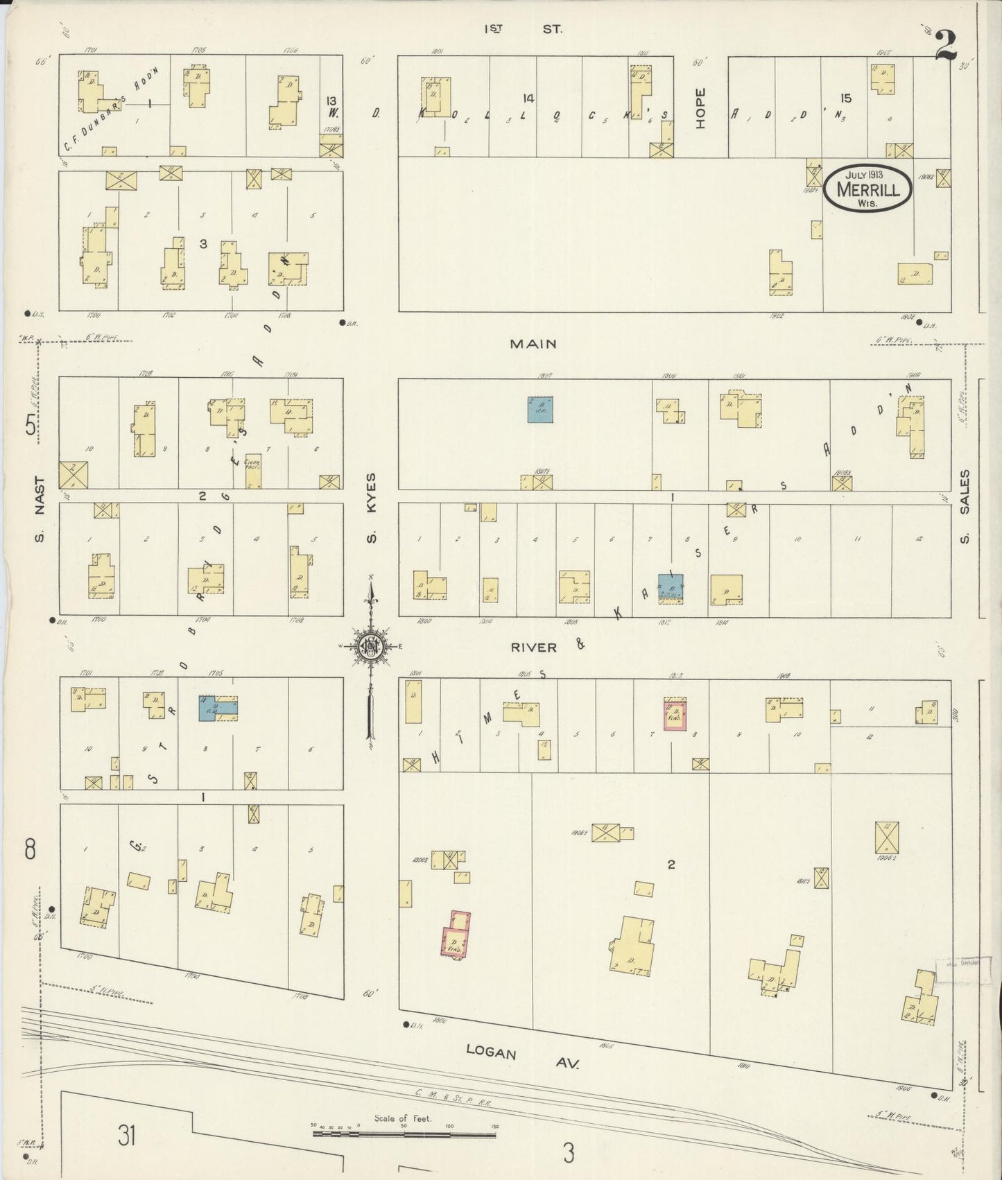 Sanborn Fire Insurance Map from Merrill, Lincoln County, Wisconsin (1913), Sheet #0002 - Complete Map Set gallery image, historic Sanborn map, vintage wall art, Wisconsin Wisconsin