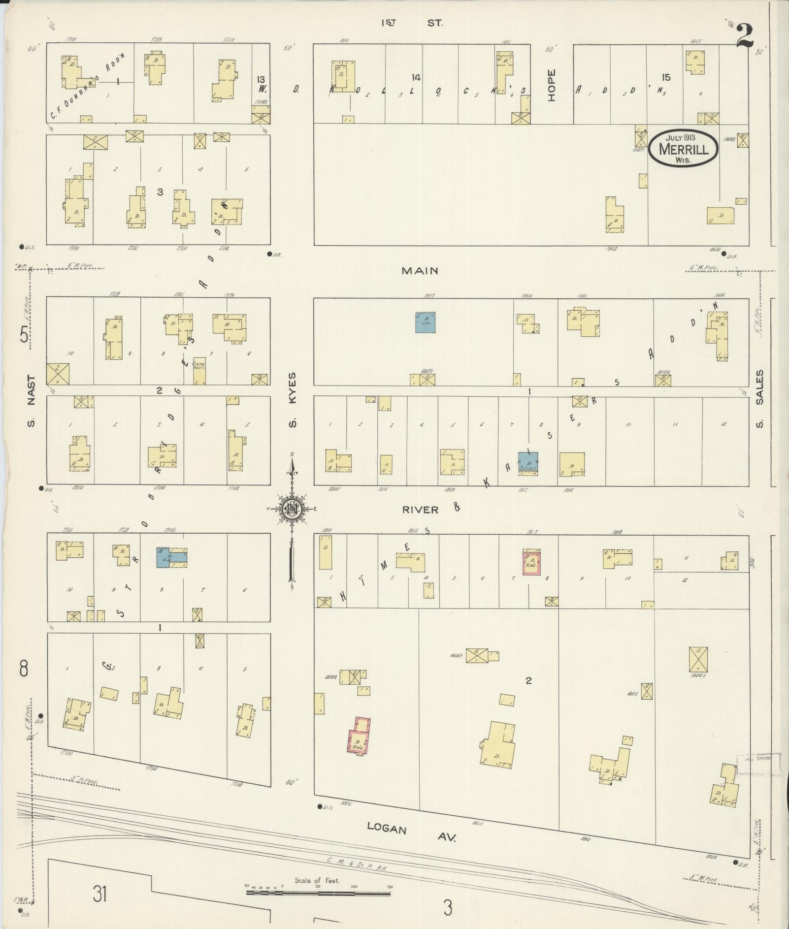 Sanborn Fire Insurance Map from Merrill, Lincoln County, Wisconsin (1913), Sheet #0002 - Complete Map Set gallery image, historic Sanborn map, vintage wall art, Wisconsin Wisconsin