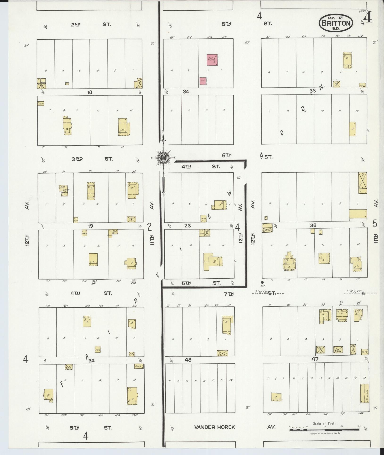 Sanborn Fire Insurance Map from Britton, Marshall County, South Dakota (1921), Sheet #0004 - Historic Sanborn Fire Insurance Map Print, vintage old map wall art, antique decor, genealogy gift, South Dakota South Dakota map