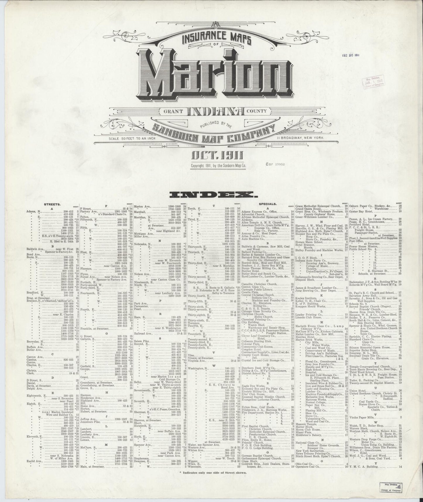 Sanborn Fire Insurance Map from Marion, Grant County, Indiana (1911), Sheet #0001 - Historic Sanborn Fire Insurance Map Print, vintage old map wall art, antique decor, genealogy gift, Indiana Indiana map