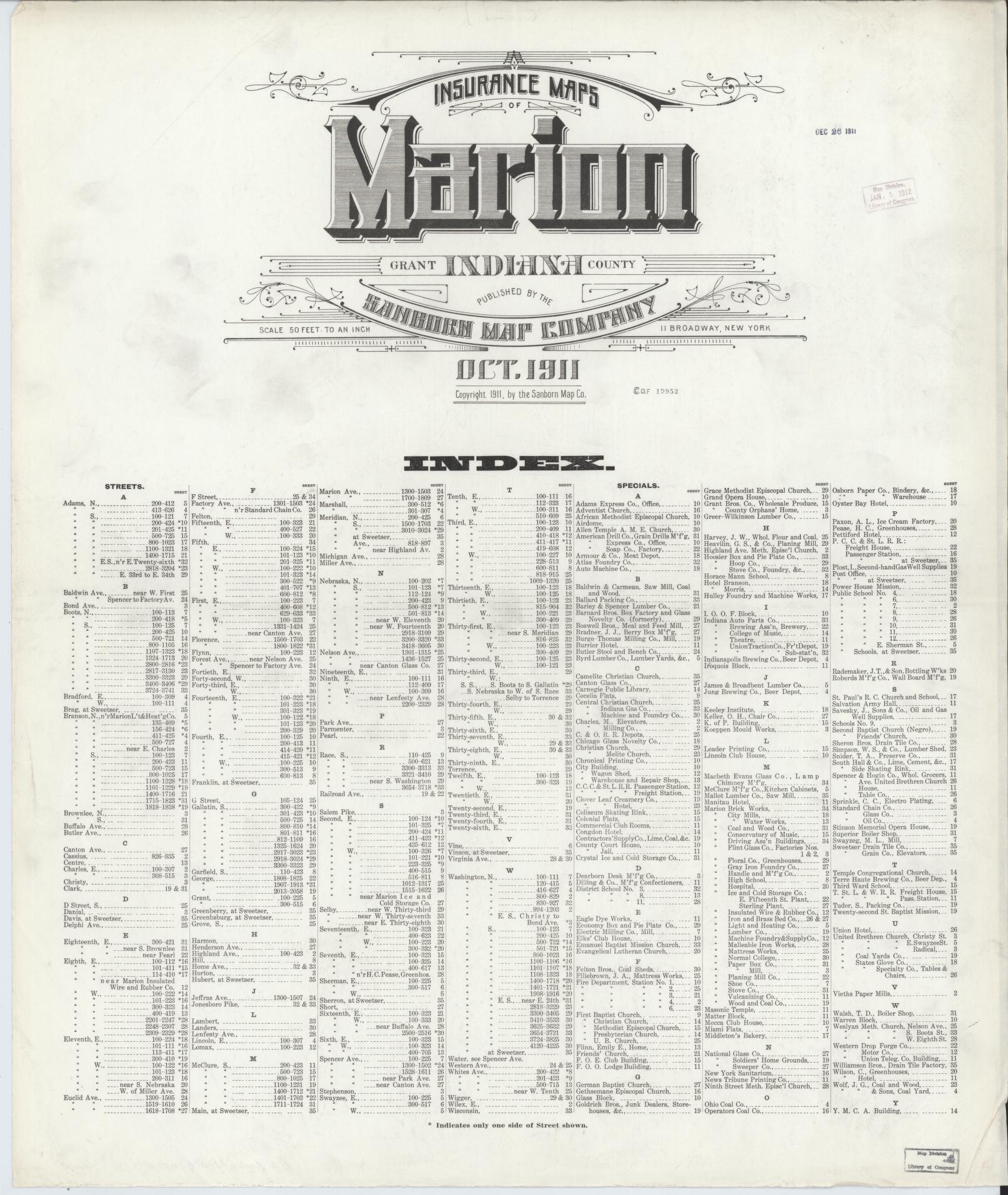 Sanborn Fire Insurance Map from Marion, Grant County, Indiana (1911), Sheet #0001 - Historic Sanborn Fire Insurance Map Print, vintage old map wall art, antique decor, genealogy gift, Indiana Indiana map