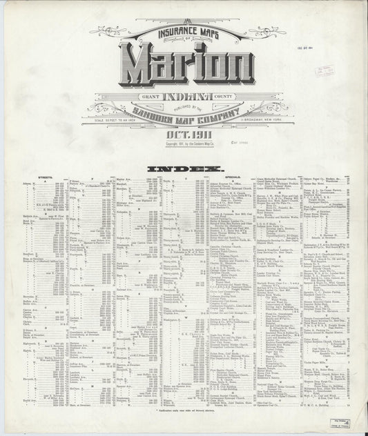 Sanborn Fire Insurance Map from Marion, Grant County, Indiana (1911), Sheet #0001 - Historic Sanborn Fire Insurance Map Print, vintage old map wall art, antique decor, genealogy gift, Indiana Indiana map