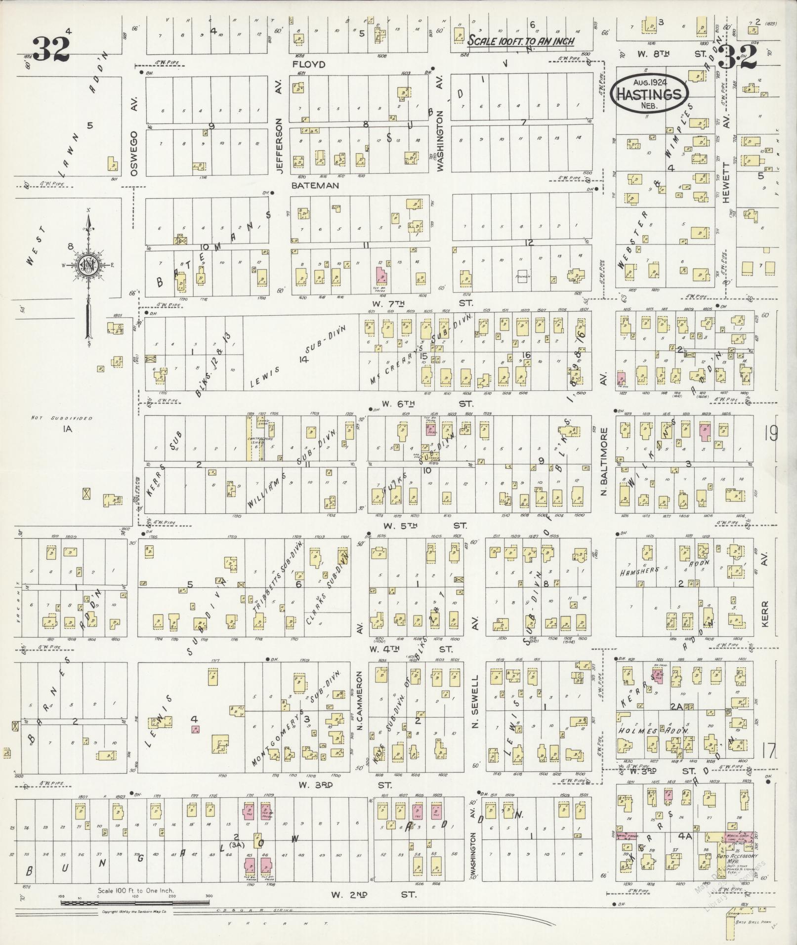 Sanborn Fire Insurance Map from Hastings, Adams County, Nebraska (1924), Sheet #0032 - Complete Map Set gallery image, historic Sanborn map, vintage wall art, Nebraska Nebraska