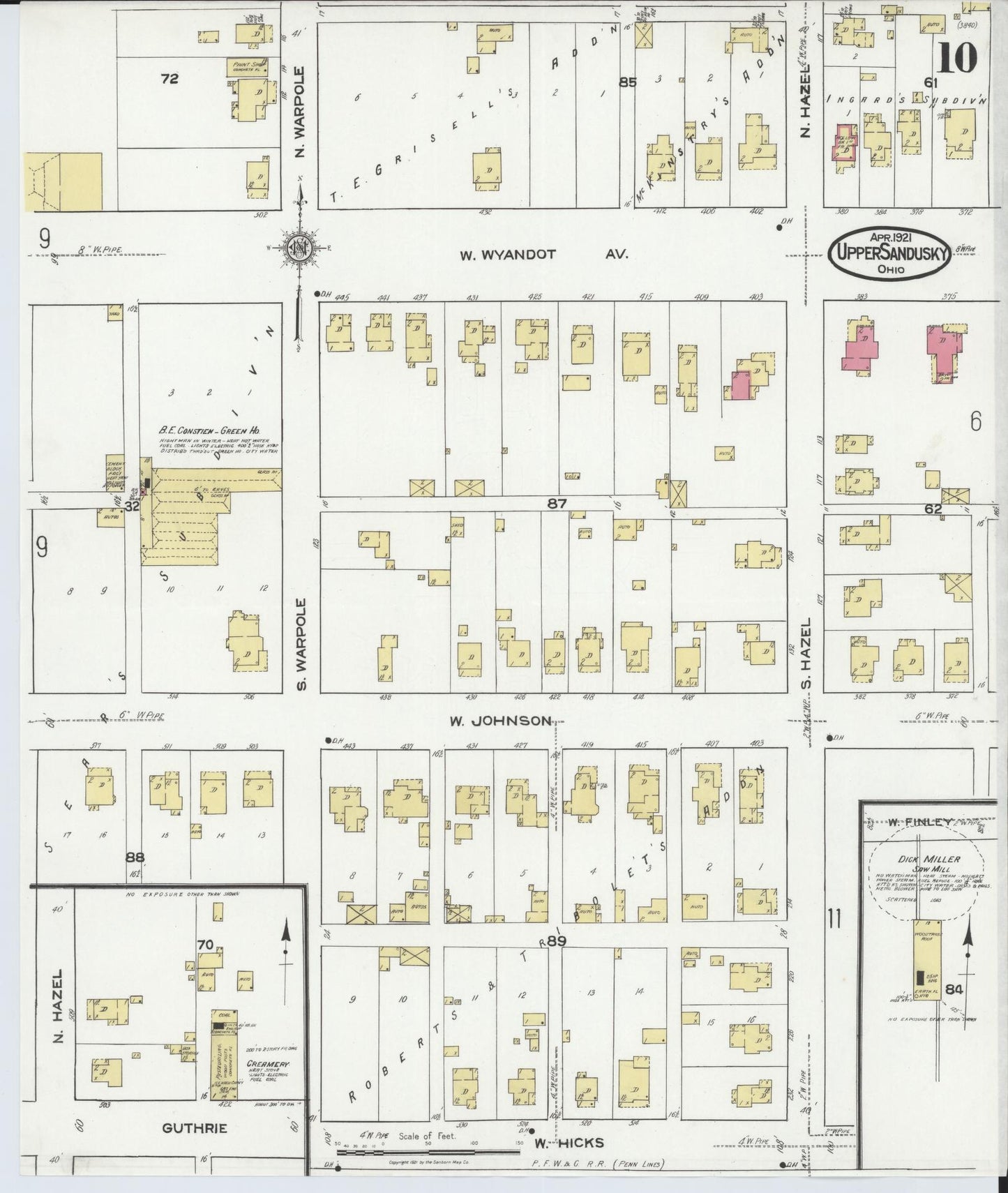Sanborn Fire Insurance Map from Upper Sandusky, Wyandot County, Ohio (1921), Sheet #0010 - Historic Sanborn Fire Insurance Map Print, vintage old map wall art, antique decor, genealogy gift, Ohio Ohio map