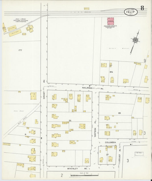 Sanborn Fire Insurance Map from Islip, Suffolk County, New York (1916), Sheet #0008 - Historic Sanborn Fire Insurance Map Print, vintage old map wall art, antique decor, genealogy gift, New York New York map