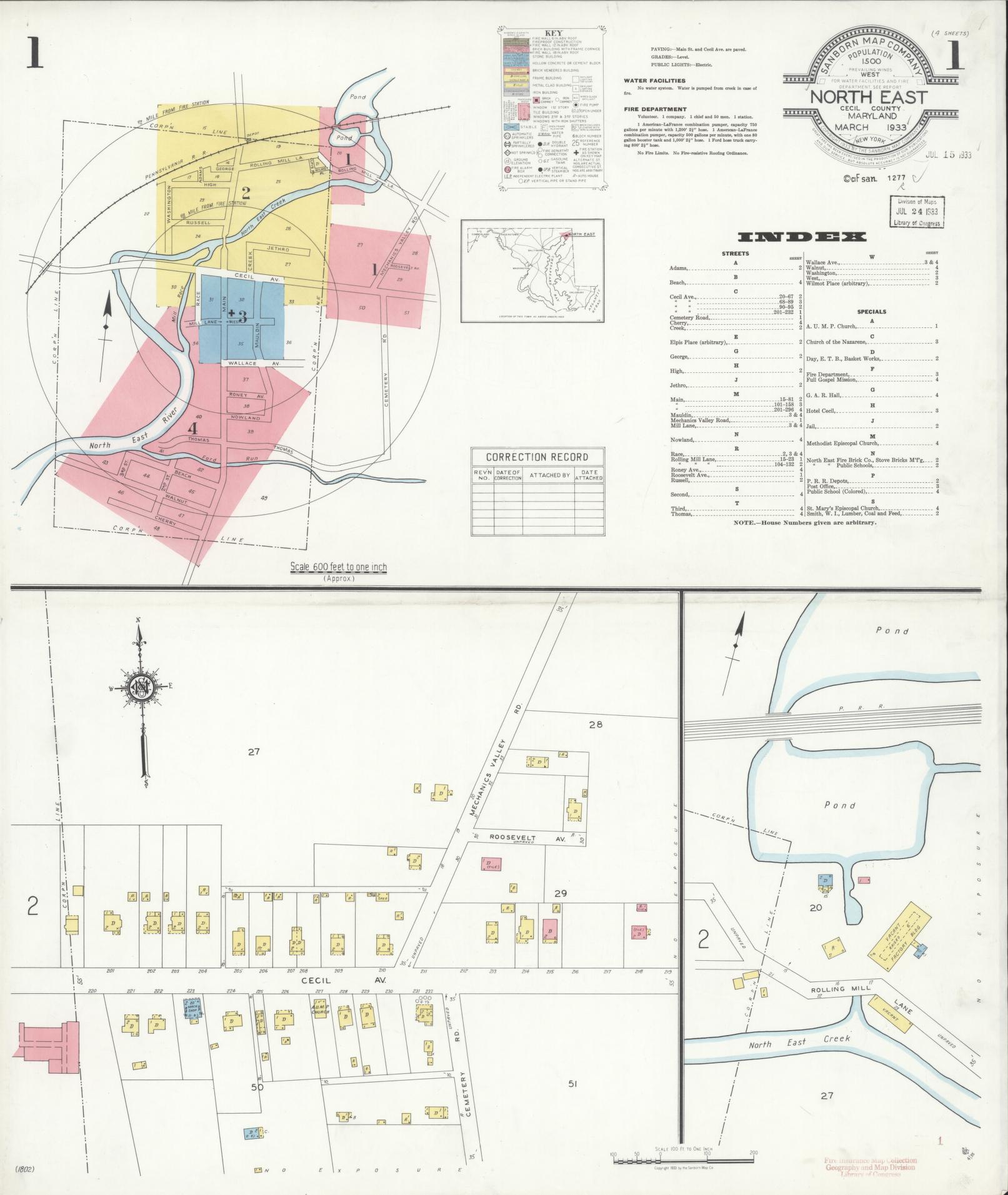 Sanborn Fire Insurance Map from North East, Cecil County, Maryland (1933), Sheet #0001 - Historic Sanborn Fire Insurance Map Print, vintage old map wall art, antique decor, genealogy gift, Maryland Maryland map