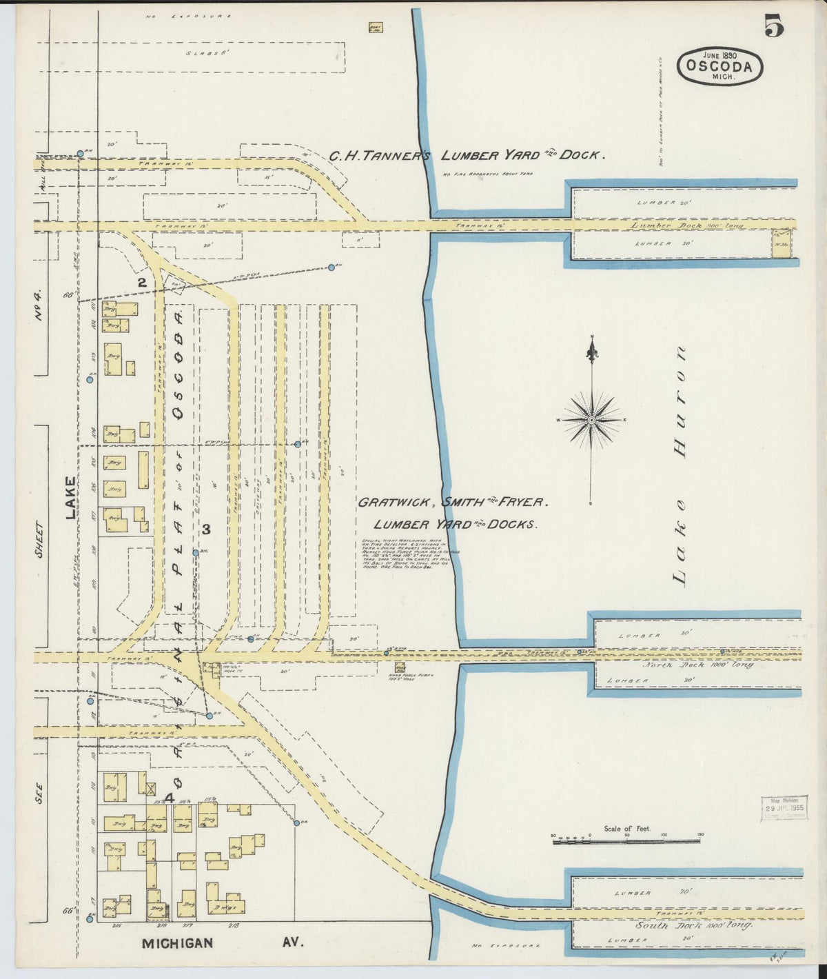 Sanborn Fire Insurance Map from Oscoda, Iosco County, Michigan (1890), Sheet #0005 - Historic Sanborn Fire Insurance Map Print, vintage old map wall art, antique decor, genealogy gift, Michigan Michigan map