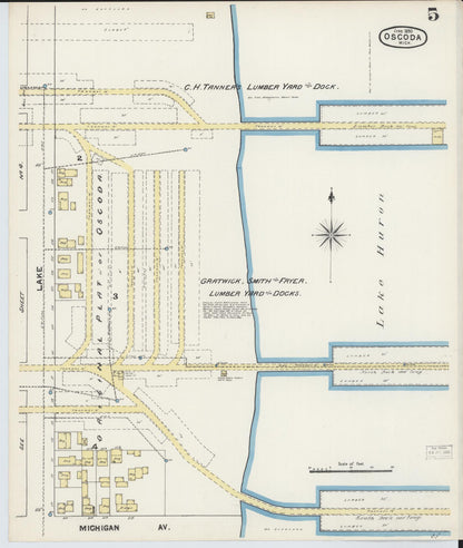Sanborn Fire Insurance Map from Oscoda, Iosco County, Michigan (1890), Sheet #0005 - Historic Sanborn Fire Insurance Map Print, vintage old map wall art, antique decor, genealogy gift, Michigan Michigan map