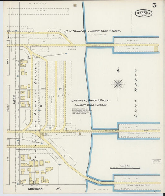 Sanborn Fire Insurance Map from Oscoda, Iosco County, Michigan (1890), Sheet #0005 - Historic Sanborn Fire Insurance Map Print, vintage old map wall art, antique decor, genealogy gift, Michigan Michigan map