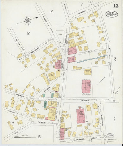 Sanborn Fire Insurance Map from Marlborough, Middlesex County, Massachusetts (1906), Sheet #0013 - Historic Sanborn Fire Insurance Map Print, vintage old map wall art, antique decor, genealogy gift, Massachusetts Massachusetts map