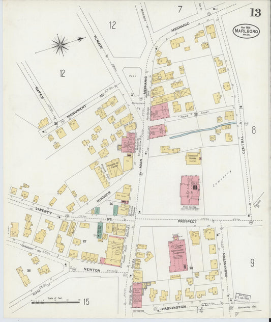 Sanborn Fire Insurance Map from Marlborough, Middlesex County, Massachusetts (1906), Sheet #0013 - Historic Sanborn Fire Insurance Map Print, vintage old map wall art, antique decor, genealogy gift, Massachusetts Massachusetts map