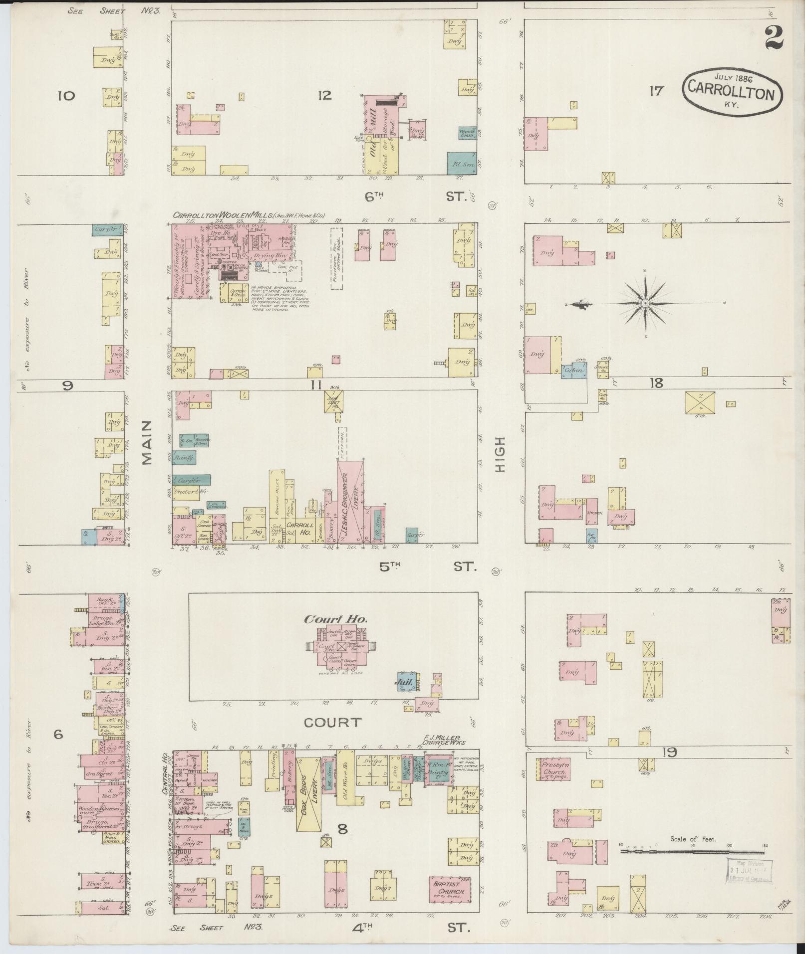 Sanborn Fire Insurance Map from Carrollton, Carroll County, Kentucky (1886), Sheet #0002 - Historic Sanborn Fire Insurance Map Print, vintage old map wall art, antique decor, genealogy gift, Kentucky Kentucky map