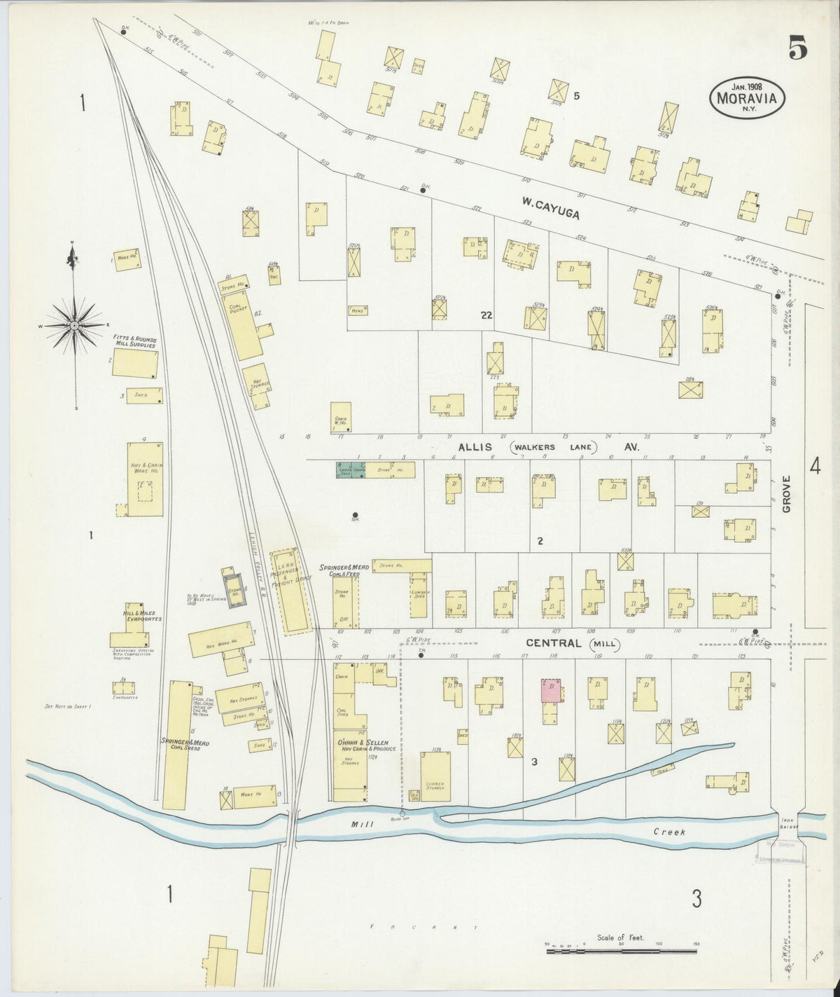 Sanborn Fire Insurance Map from Moravia, Cayuga County, New York (1908), Sheet #0005 - Complete Map Set gallery image, historic Sanborn map, vintage wall art, New York New York