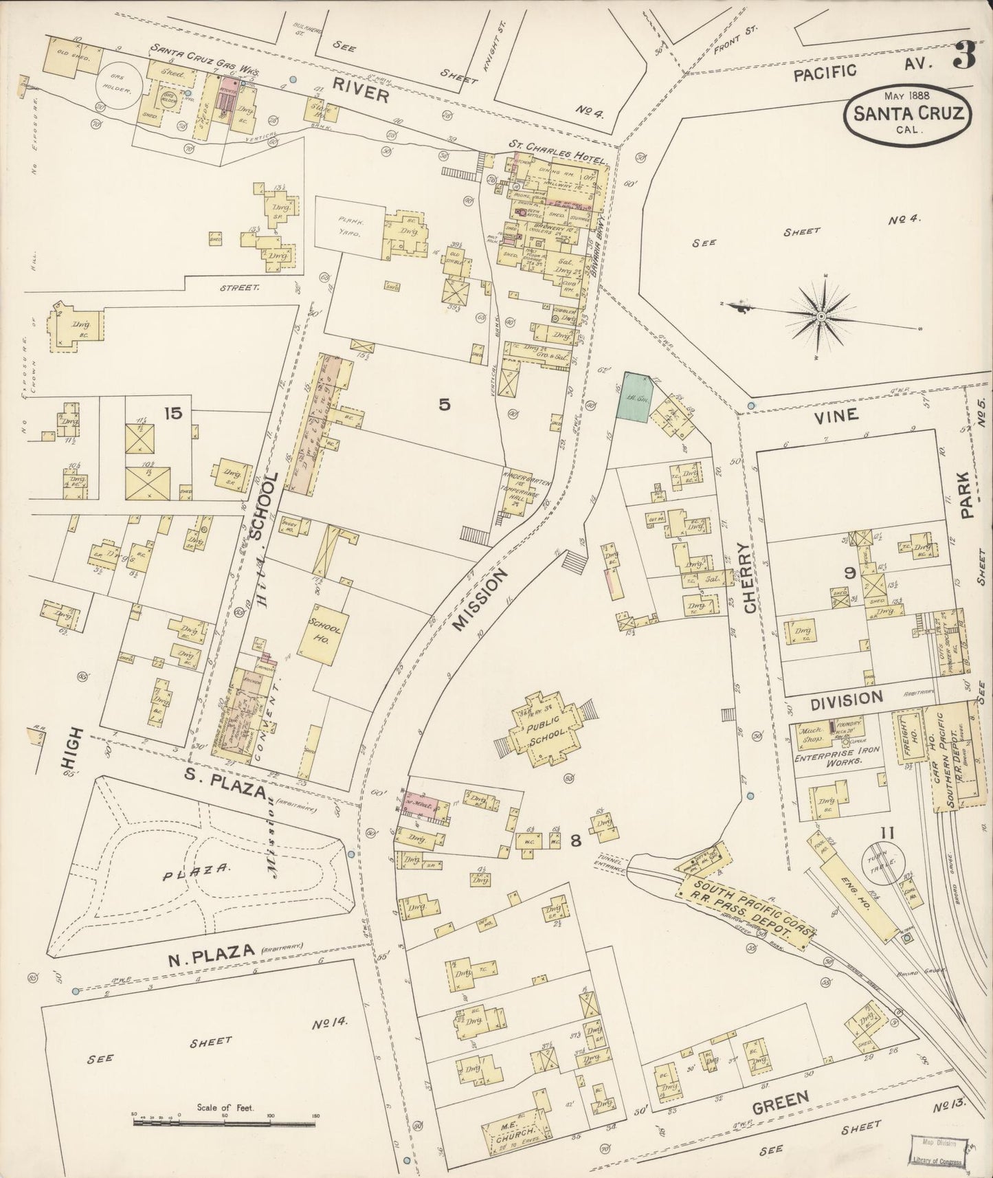 Sanborn Fire Insurance Map from Santa Cruz, Santa Cruz County, California (1888), Sheet #0003 - Complete Map Set gallery image, historic Sanborn map, vintage wall art, California California
