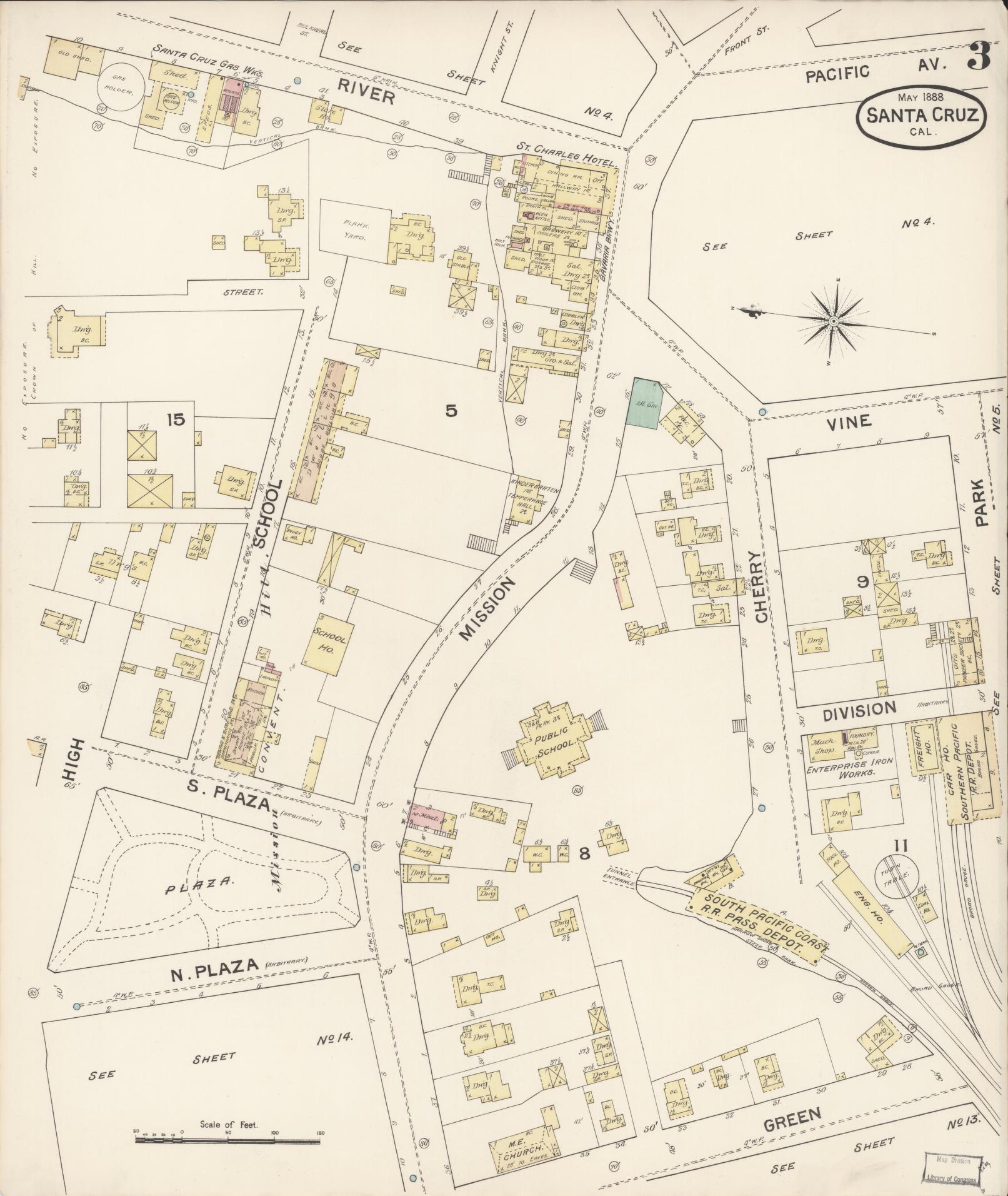 Sanborn Fire Insurance Map from Santa Cruz, Santa Cruz County, California (1888), Sheet #0003 - Complete Map Set gallery image, historic Sanborn map, vintage wall art, California California