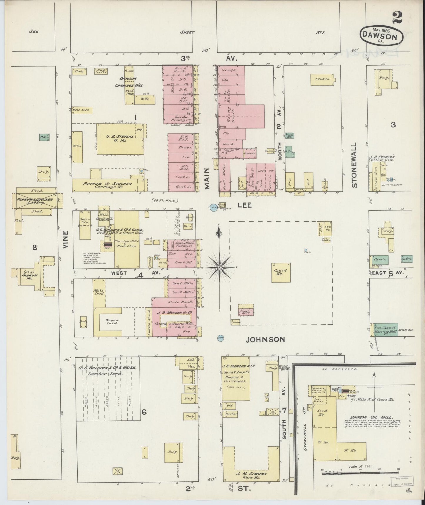 Sanborn Fire Insurance Map from Dawson, Terrell County, Georgia (1890), Sheet #0002 - Historic Sanborn Fire Insurance Map Print, vintage old map wall art, antique decor, genealogy gift, Georgia Georgia map