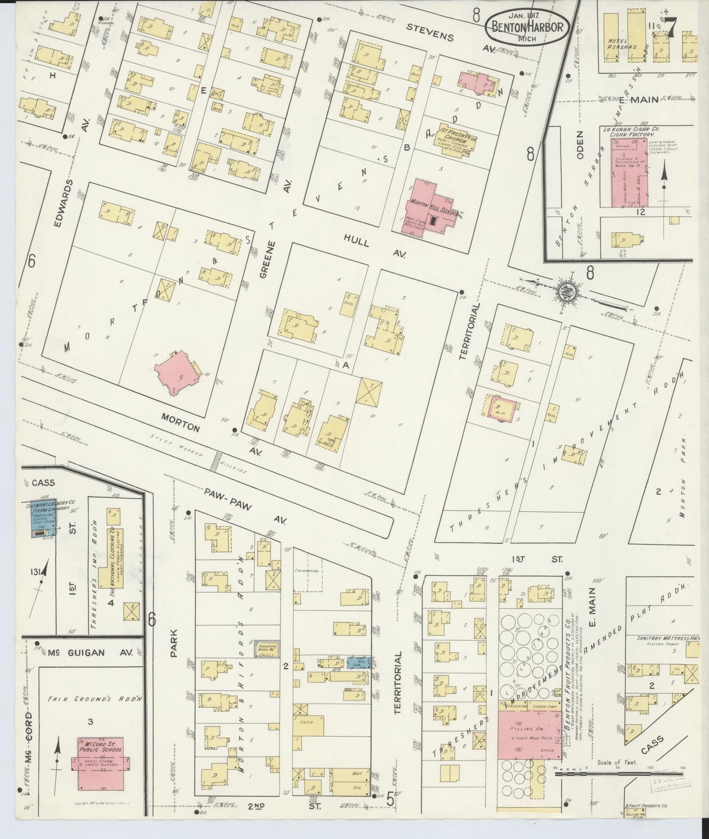 Sanborn Fire Insurance Map from Benton Harbor, Berrien County, Michigan (1917), Sheet #0007 - Historic Sanborn Fire Insurance Map Print, vintage old map wall art, antique decor, genealogy gift, Michigan Michigan map