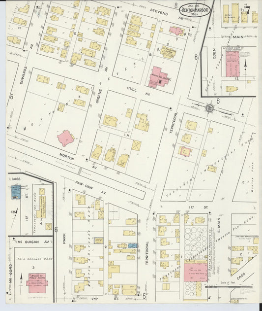 Sanborn Fire Insurance Map from Benton Harbor, Berrien County, Michigan (1917), Sheet #0007 - Historic Sanborn Fire Insurance Map Print, vintage old map wall art, antique decor, genealogy gift, Michigan Michigan map