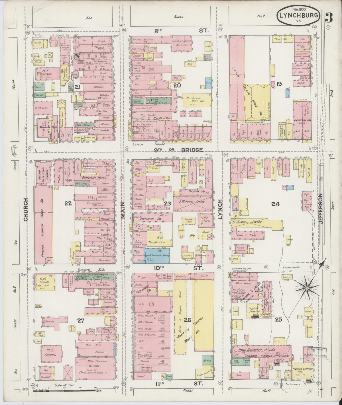 Sanborn Fire Insurance Map from Lynchburg, Independent Cities, Virginia (1890), Sheet #0003 - Historic Sanborn Fire Insurance Map Print, vintage old map wall art, antique decor, genealogy gift, Virginia Virginia map