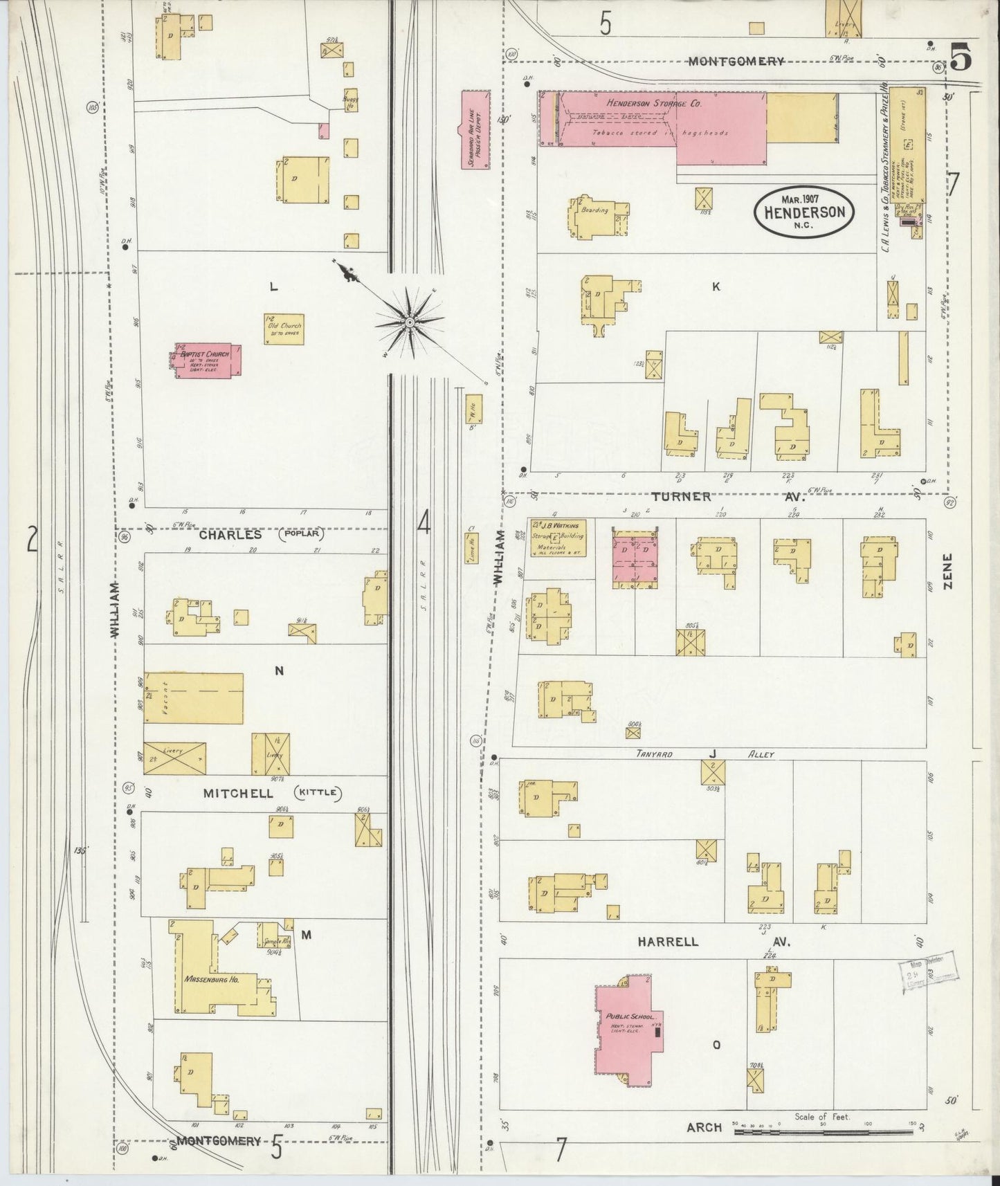 Sanborn Fire Insurance Map from Henderson, Vance County, North Carolina (1907), Sheet #0005 - Historic Sanborn Fire Insurance Map Print, vintage old map wall art, antique decor, genealogy gift, North Carolina North Carolina map