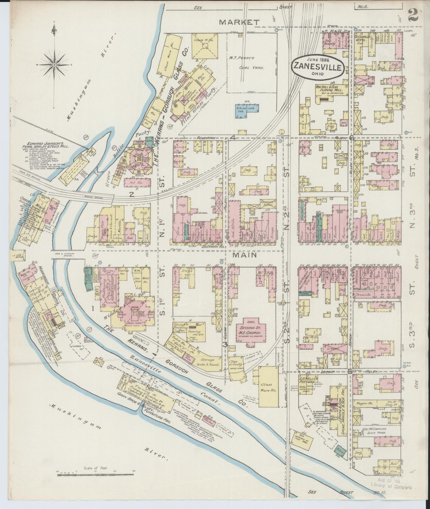 Sanborn Fire Insurance Map from Zanesville, Muskingum County, Ohio (1886), Sheet #0002 - Complete Map Set gallery image, historic Sanborn map, vintage wall art, Ohio Ohio