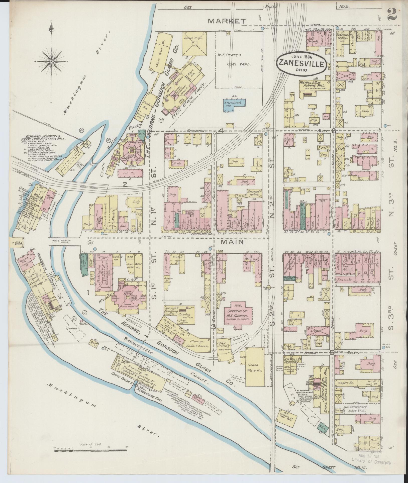 Sanborn Fire Insurance Map from Zanesville, Muskingum County, Ohio (1886), Sheet #0002 - Complete Map Set gallery image, historic Sanborn map, vintage wall art, Ohio Ohio