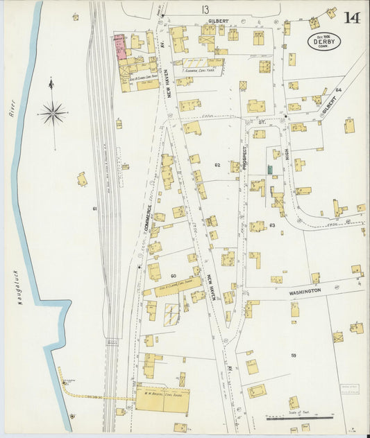 Sanborn Fire Insurance Map from Derby, New Haven County, Connecticut (1906), Sheet #0014 - Historic Sanborn Fire Insurance Map Print, vintage old map wall art, antique decor, genealogy gift, Connecticut Connecticut map
