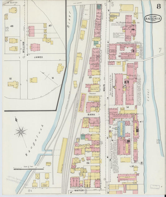 Sanborn Fire Insurance Map from Ansonia, New Haven County, Connecticut (1895), Sheet #0008 - Historic Sanborn Fire Insurance Map Print, vintage old map wall art, antique decor, genealogy gift, Connecticut Connecticut map