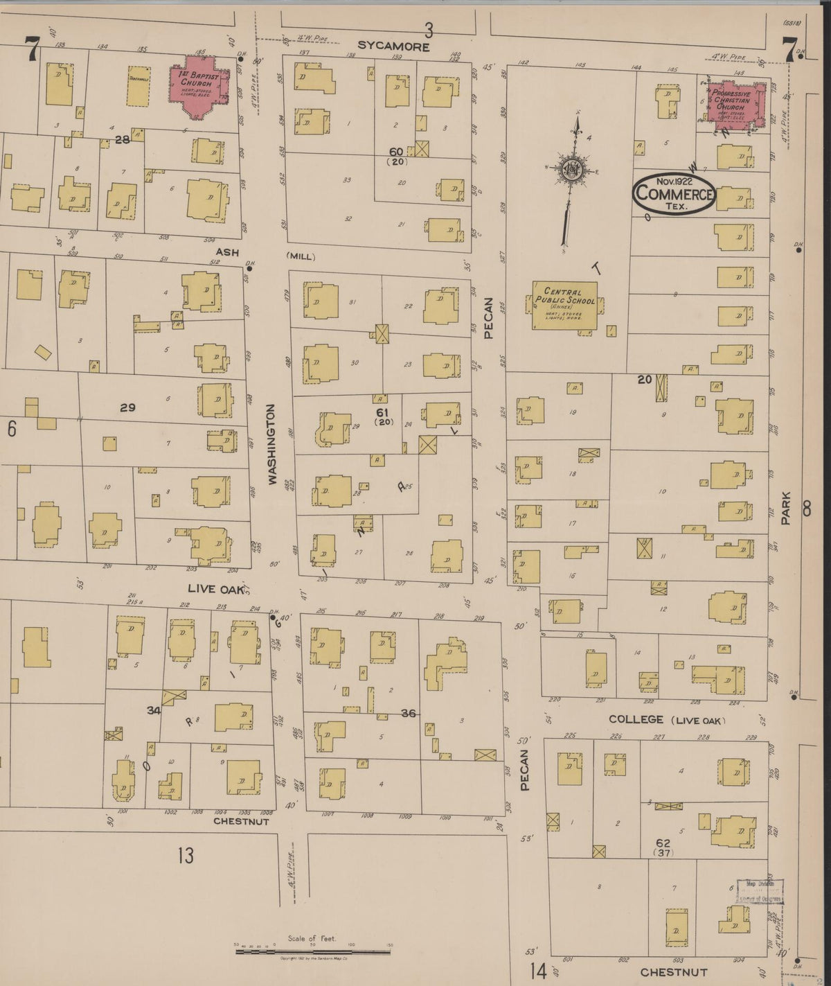 Sanborn Fire Insurance Map from Commerce, Hunt County, Texas (1922), Sheet #0007 - Historic Sanborn Fire Insurance Map Print, vintage old map wall art, antique decor, genealogy gift, Texas Texas map