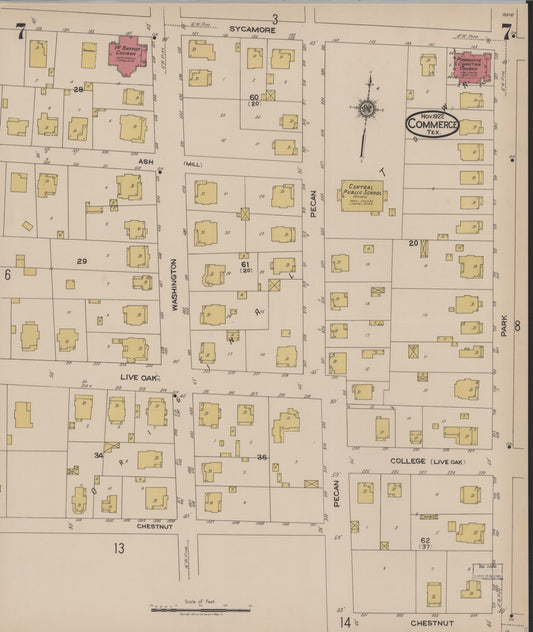 Sanborn Fire Insurance Map from Commerce, Hunt County, Texas (1922), Sheet #0007 - Historic Sanborn Fire Insurance Map Print, vintage old map wall art, antique decor, genealogy gift, Texas Texas map