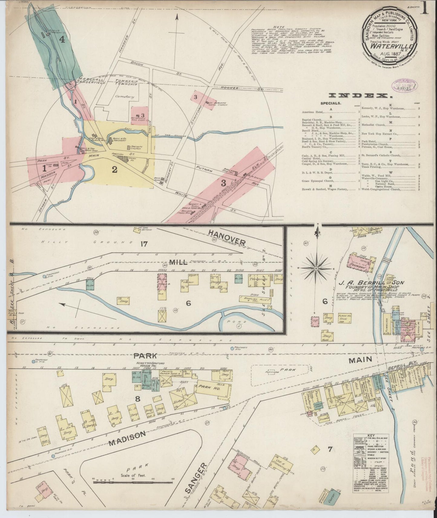 Sanborn Fire Insurance Map from Waterville, Oneida County, New York (1887), Sheet #0001 - Historic Sanborn Fire Insurance Map Print, vintage old map wall art, antique decor, genealogy gift, New York New York map