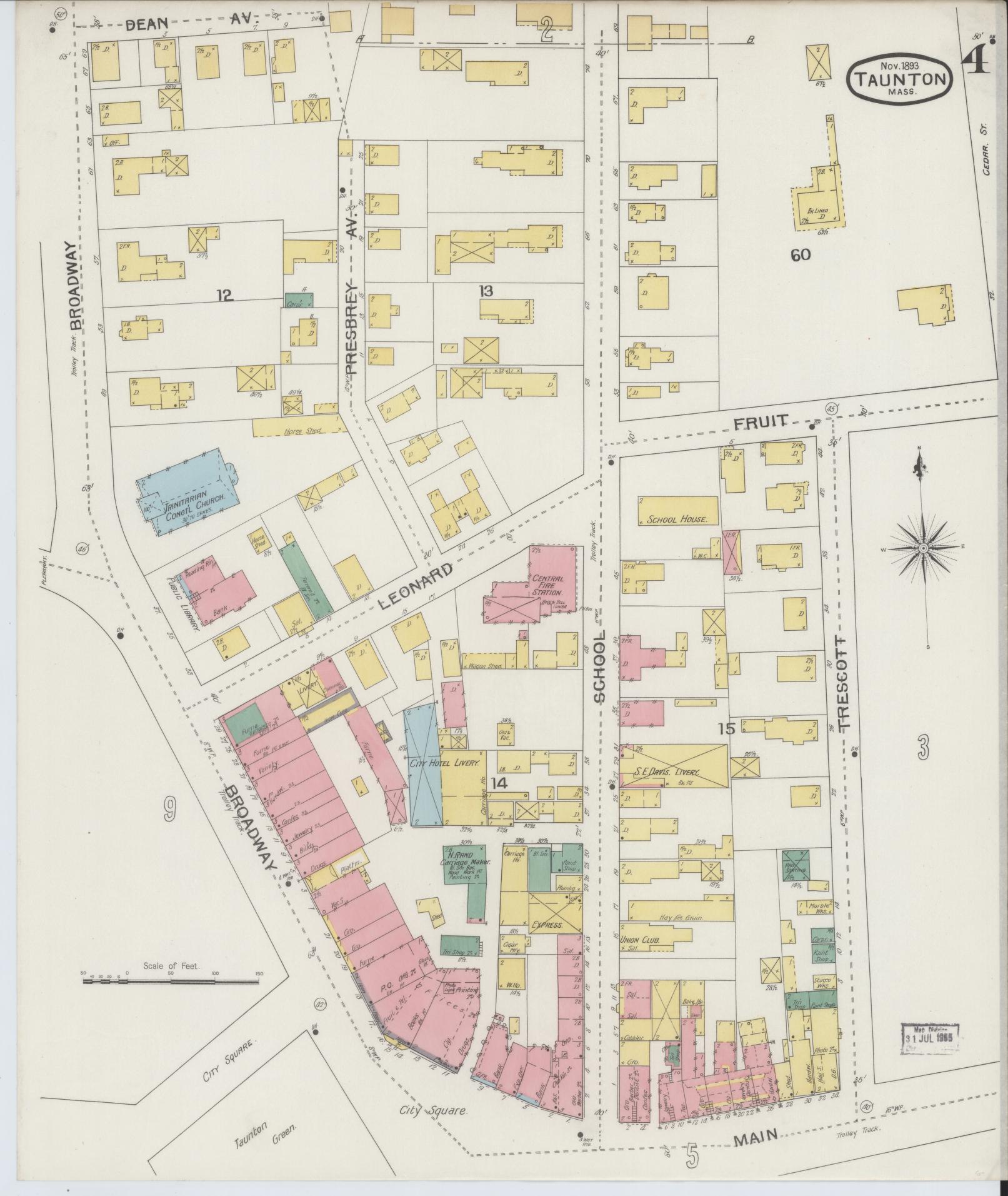 Sanborn Fire Insurance Map from Taunton, Bristol County, Massachusetts (1893), Sheet #0004 - Historic Sanborn Fire Insurance Map Print, vintage old map wall art, antique decor, genealogy gift, Massachusetts Massachusetts map
