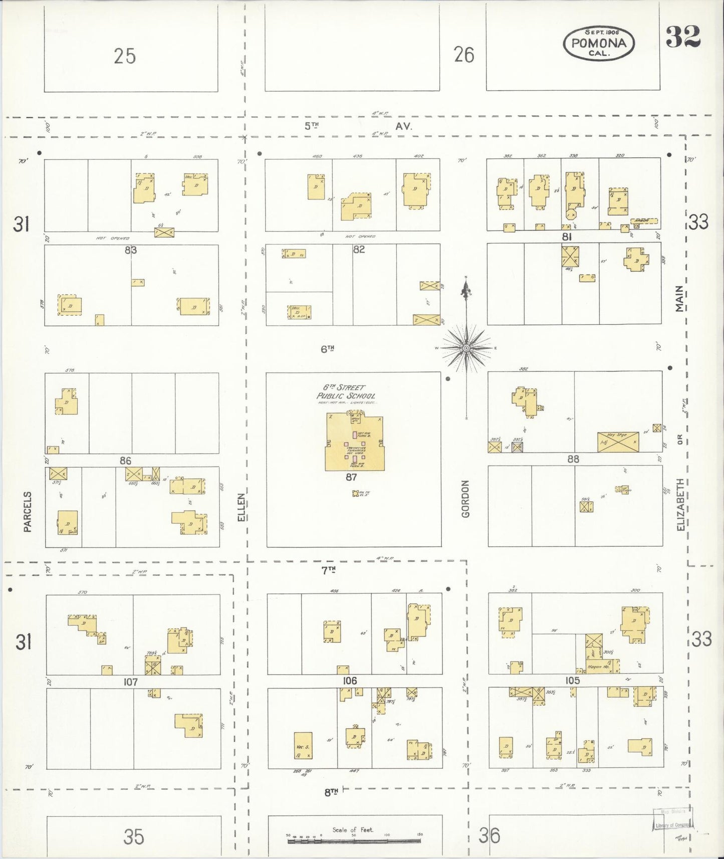 Sanborn Fire Insurance Map from Pomona, Los Angeles County, California (1906), Sheet #0032 - Complete Map Set gallery image, historic Sanborn map, vintage wall art, California California
