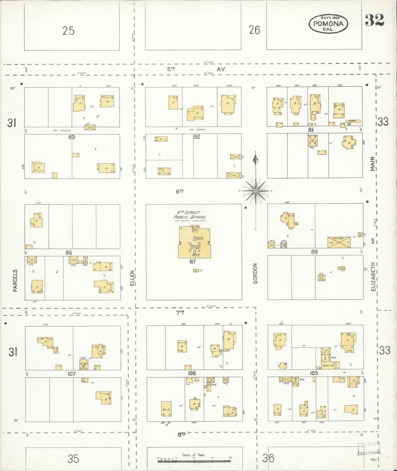 Sanborn Fire Insurance Map from Pomona, Los Angeles County, California (1906), Sheet #0032 - Complete Map Set gallery image, historic Sanborn map, vintage wall art, California California