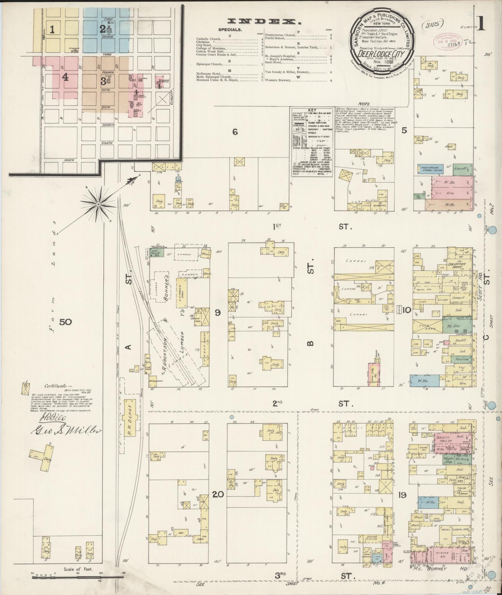 Sanborn Fire Insurance Map from Deer Lodge, Powell County, Montana (1888), Sheet #0001 - Historic Sanborn Fire Insurance Map Print, vintage old map wall art, antique decor, genealogy gift, Montana Montana map